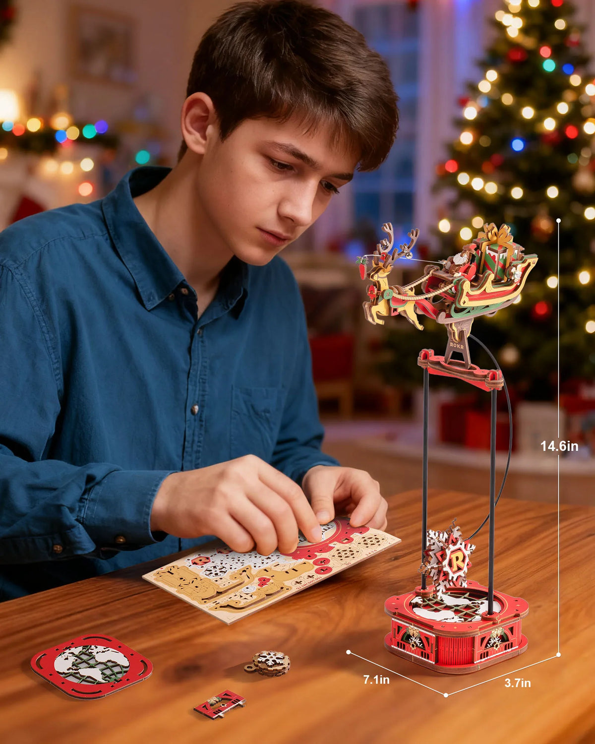 ROKR Wooden 3D Puzzle Santa on Sleigh Pendulum Dynamic Balance Toy 141-Piece DIY Model Building Kit for Desktop Decor Gift for Adults Kids