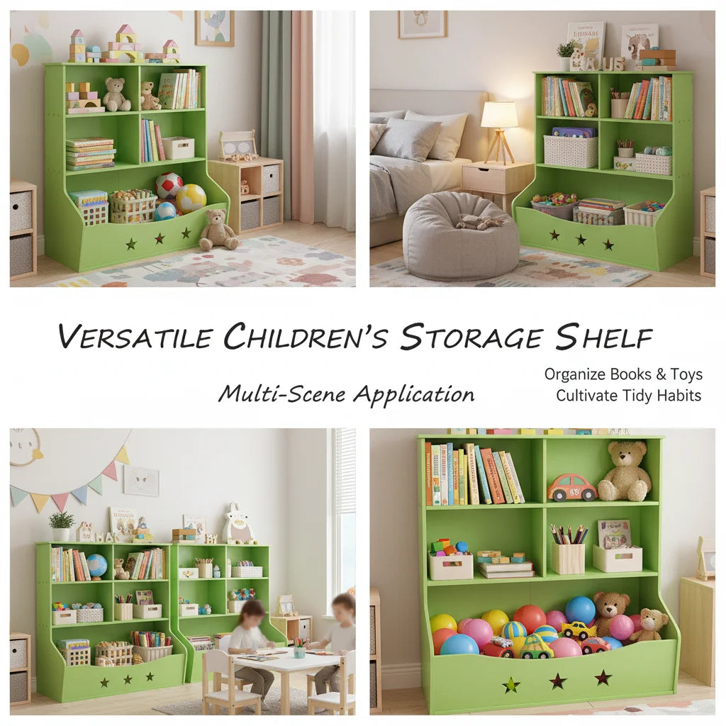 3-Layer Light Green PVC Board Kids Bookcase, Children's Open Shelf Storage for Bedroom Playroom, Star Pattern 3-Tier Book Display with Bottom Space, Anti-Tip Freestanding Book Shelf for Home Reading Corner, 79x36.5x82.5cm