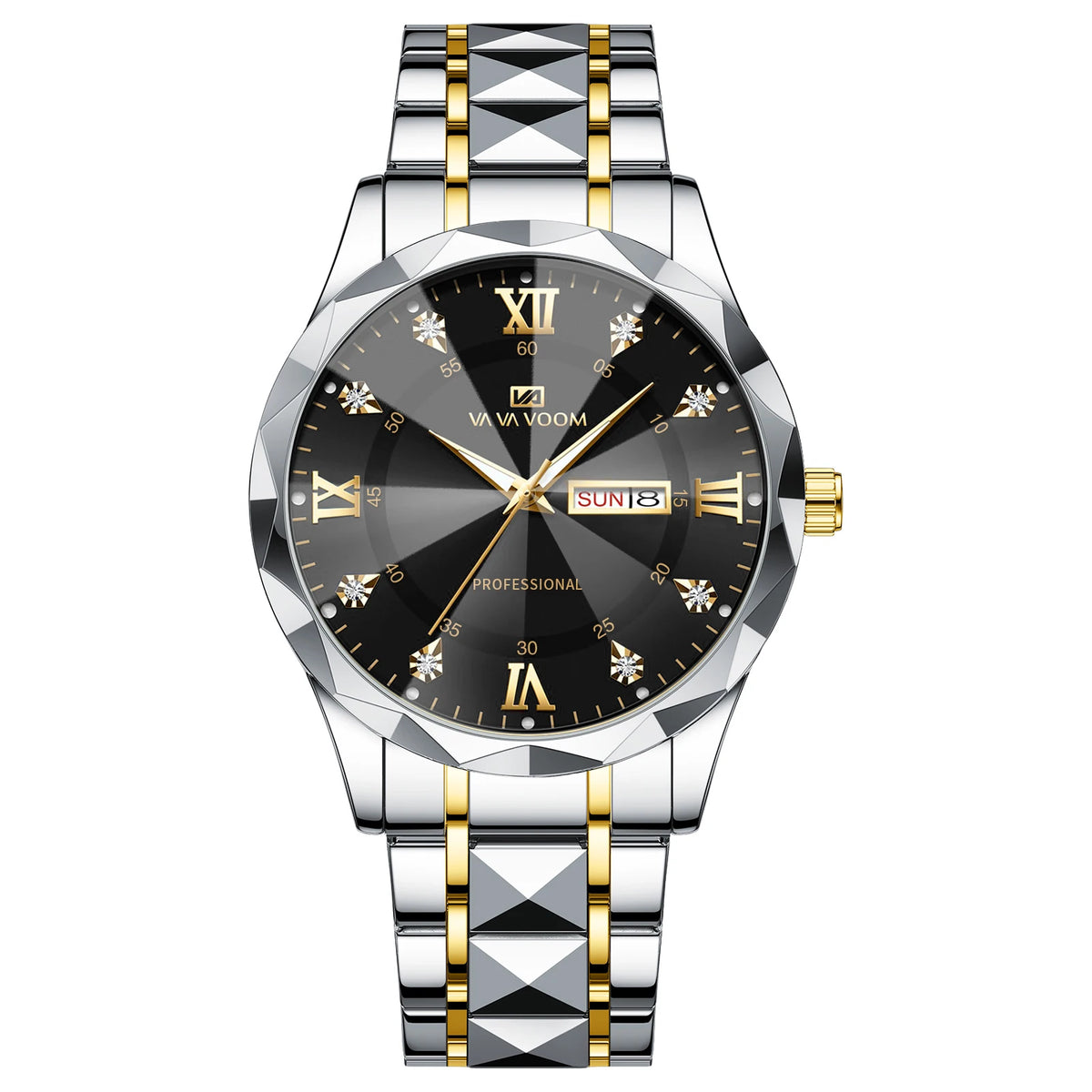Stainless Steel Watch Men Dual Tone Strap 41mm Blue Rhinestone Dial Quartz Business Clock Suitable Dinners Dates Formal Watches