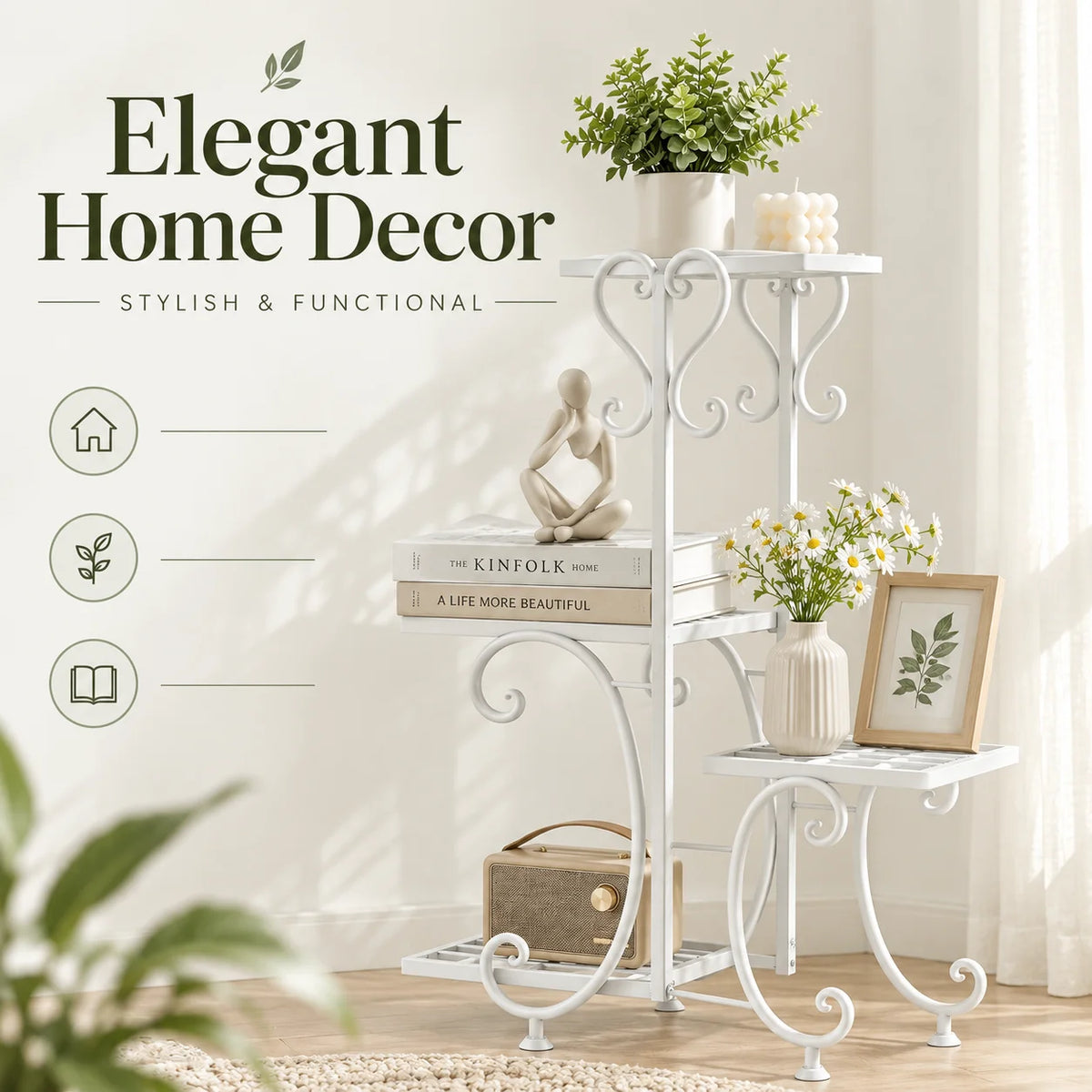 Decorative Metal Corner Display Shelf, 4-Tier Freestanding Accent Stand for Plants, Books, Candles, Storage Baskets & Home Decor