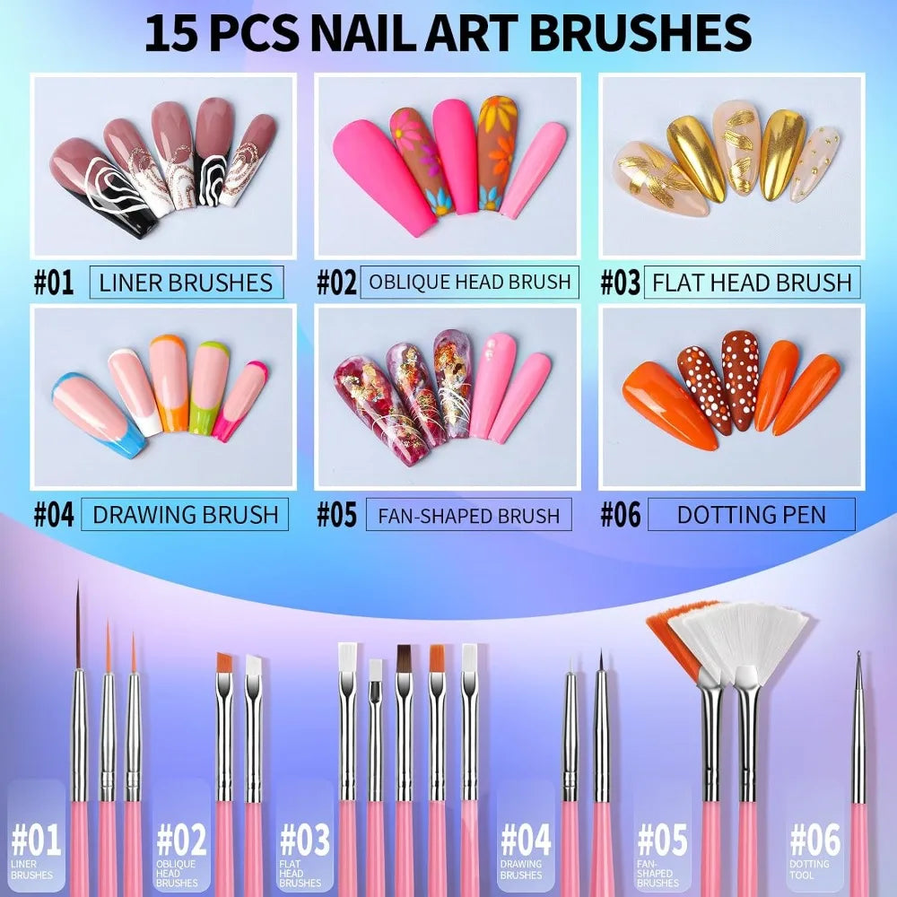 15 PCS Nail Art Brushes and 5 PCS Dotting Tools Set with Nail Stand Holder for Painting Press On Nails Manicure Design Professional Salon Art Tool Kit