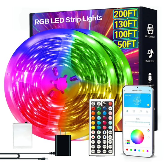 50/100/130/200FT RGB LED Smart Strip Light, App&44-Key Remote Control, Music Sync, Color Changing Led Lights for Bedroom, Home, Kitchen, Party, Room Decor