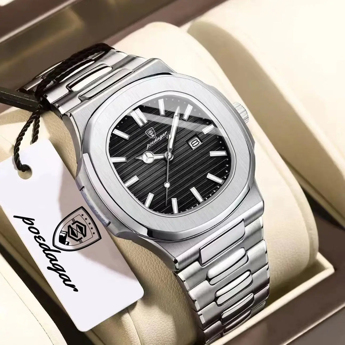POEDAGAR Square Luxury Men Wristwatch Waterproof Luminous Date High Quality Stainless Steel Male Clock Business Sports Quartz Watches For Men Reloj Hombre