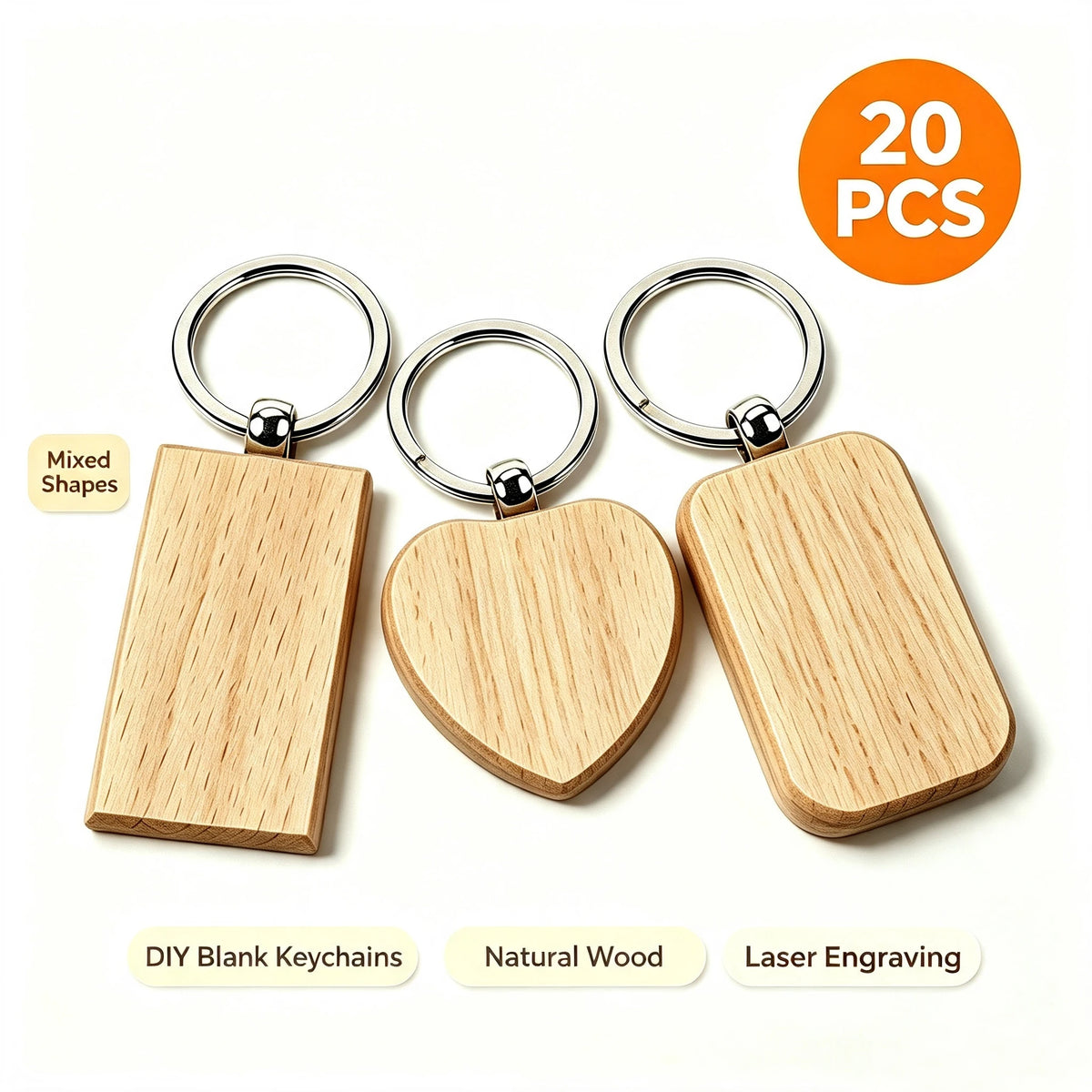 20PCS Mixed Shape Blanks Wood Keychains Suitable for Laser Engraving Gift Wholesale DIY Tag Laser Keychain Making Name Logo Gift