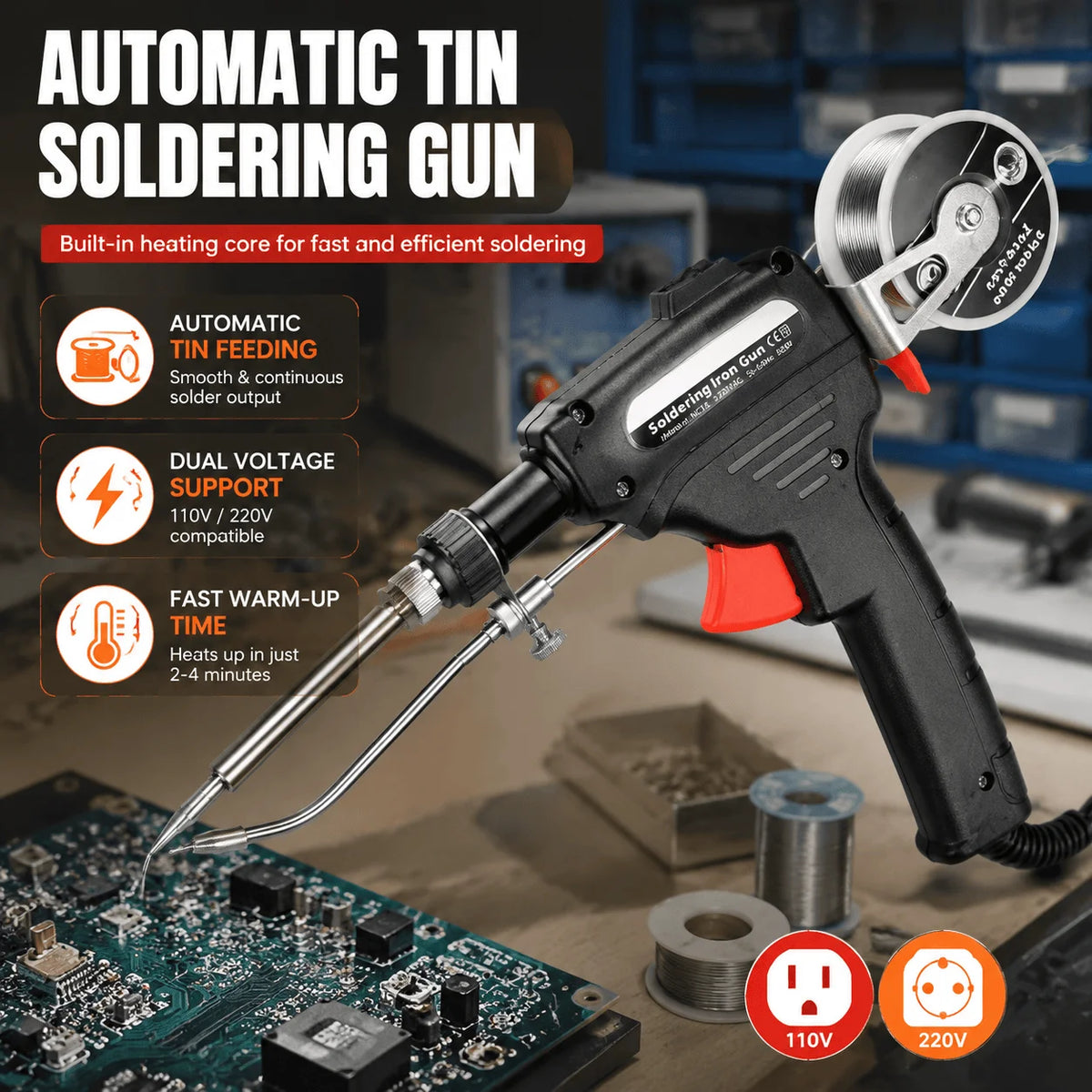 Automatic Soldering Gun 60W Handheld Soldering Iron with Internal Heating Welding Tool Kit Dual Voltage 110V 240V Smart Wire Feed Solder Station Iron Stand for Electronic Circuit Board PCB Repair Great for DIY Electronics Rep