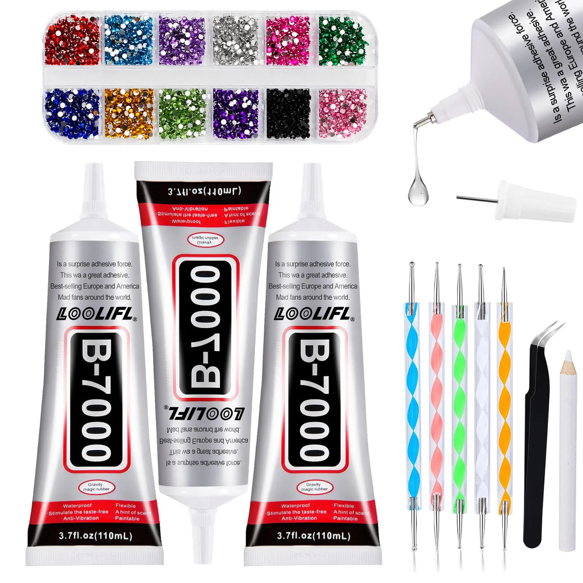 LOOLIFL 3 Pack 110ml B7000 Clear Glue, Multi-Purpose Adhesive with Rhinestones Kit, Precision Tips, Dotting Tools, Tweezers & Pencil for Bedazzling, Jewelry Making, Nail Art, Fabric, Shoes, Phone Repair & DIY Crafts