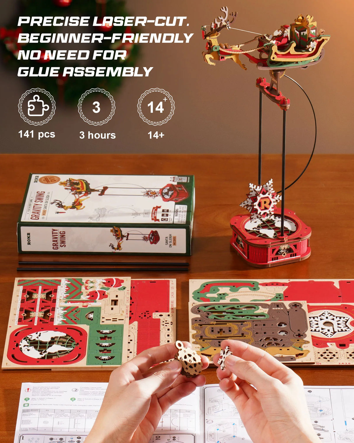 ROKR Wooden 3D Puzzle Santa on Sleigh Pendulum Dynamic Balance Toy 141-Piece DIY Model Building Kit for Desktop Decor Gift for Adults Kids