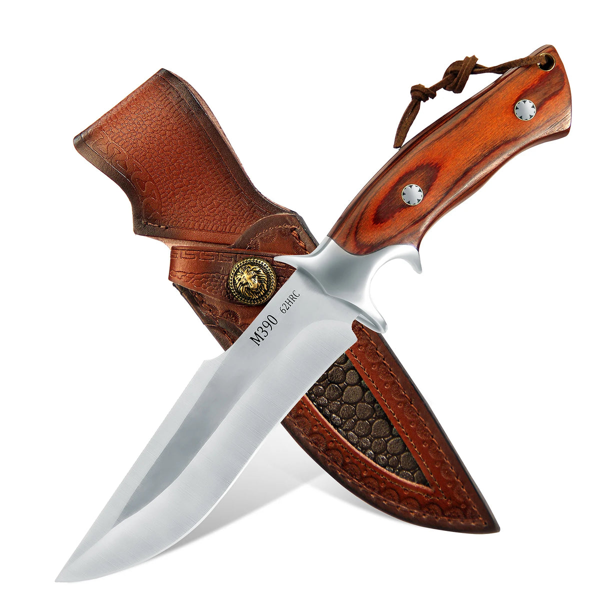M390 Fixed Blade Hunting Knife with Wood Handle Leather Sheath Outdoor Camping Bowie Knife Gift for Men