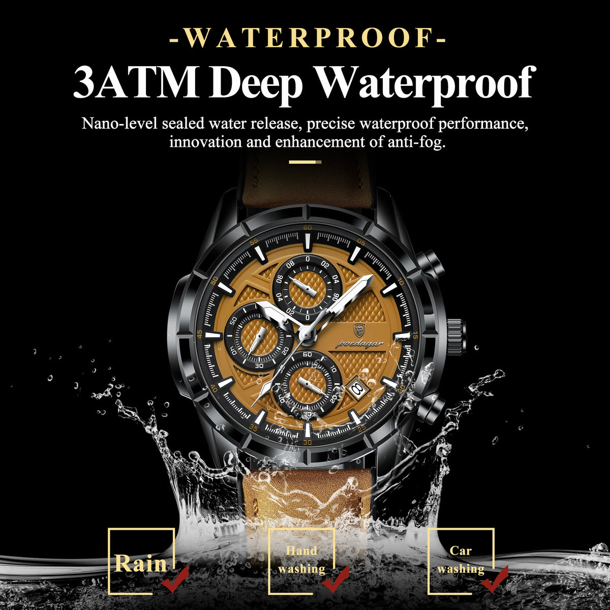POEDAGAR Fashion Men Wristwatch Luminous Waterproof Leather Quartz Sports Men's Watches Date Chronograph Military Man Clock Gift