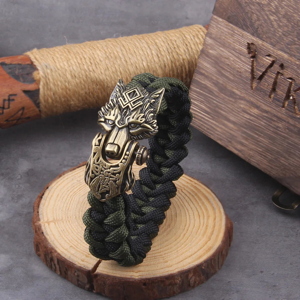 Never Fade Rock Viking Wolf Bracelet Men's handmade cord Wolf Bead Punk Bracelets Biker Jewelry
