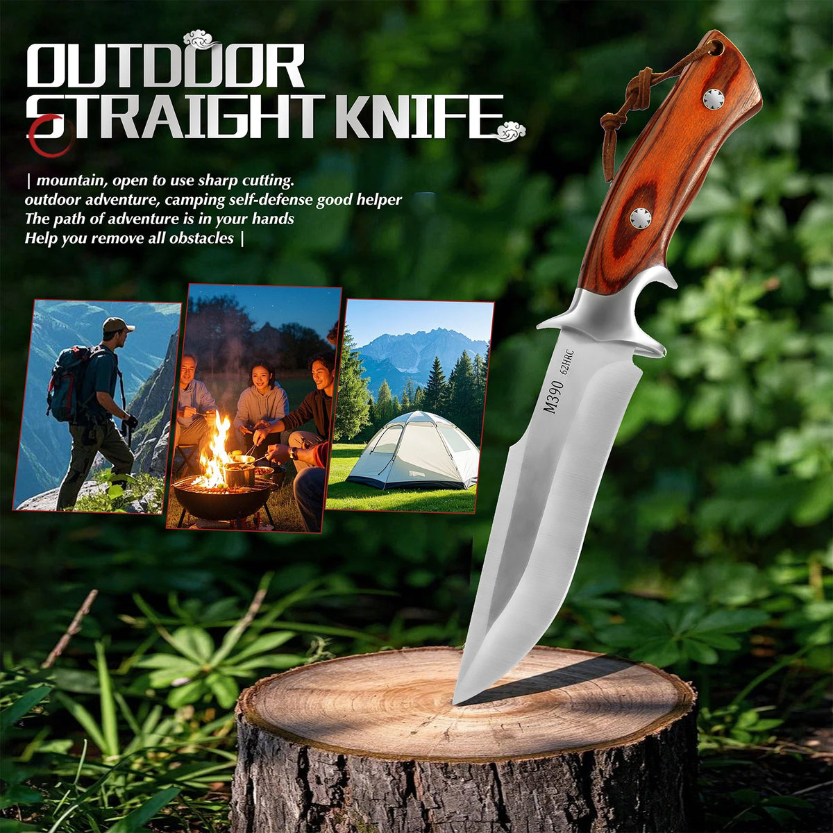 M390 Fixed Blade Hunting Knife with Wood Handle Leather Sheath Outdoor Camping Bowie Knife Gift for Men