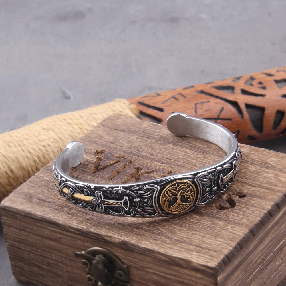 Viking Talisman Health Bracelets Tree Of Life Luck Knot Runes Trinity Magnetic Cuff Bangles Women Men Adjustable Bracelet