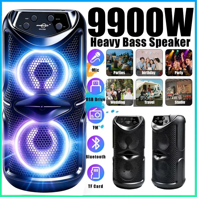 Portable wireless Bluetooth speaker with microphone and multi-mode colorful lights. Supports TF card, USB Type-C port and FM radio. Suitable for parties, outdoor camping, square dancing and other occasions. A lovely gift.