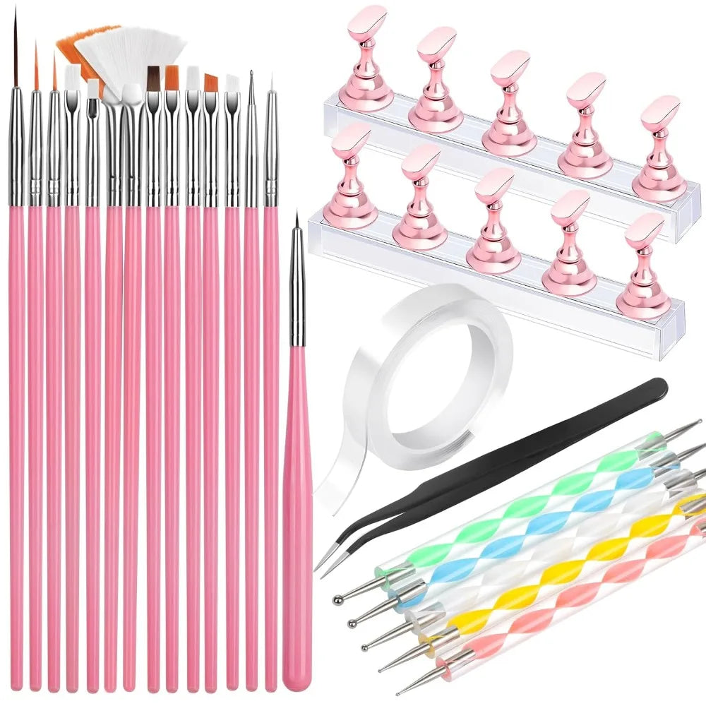15 PCS Nail Art Brushes and 5 PCS Dotting Tools Set with Nail Stand Holder for Painting Press On Nails Manicure Design Professional Salon Art Tool Kit