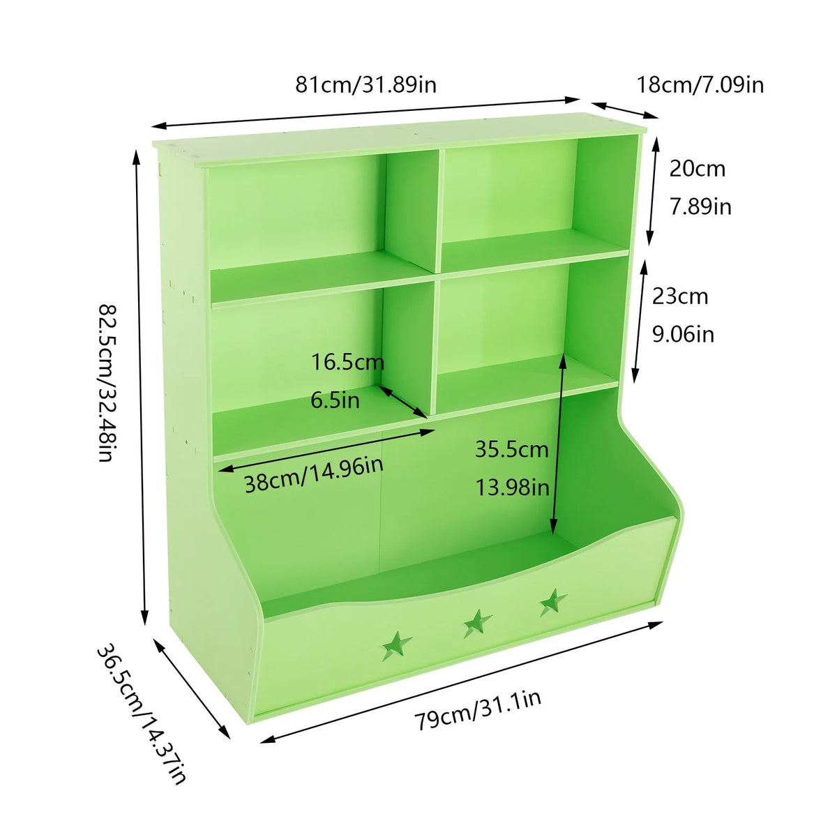 3-Layer Light Green PVC Board Kids Bookcase, Children's Open Shelf Storage for Bedroom Playroom, Star Pattern 3-Tier Book Display with Bottom Space, Anti-Tip Freestanding Book Shelf for Home Reading Corner, 79x36.5x82.5cm