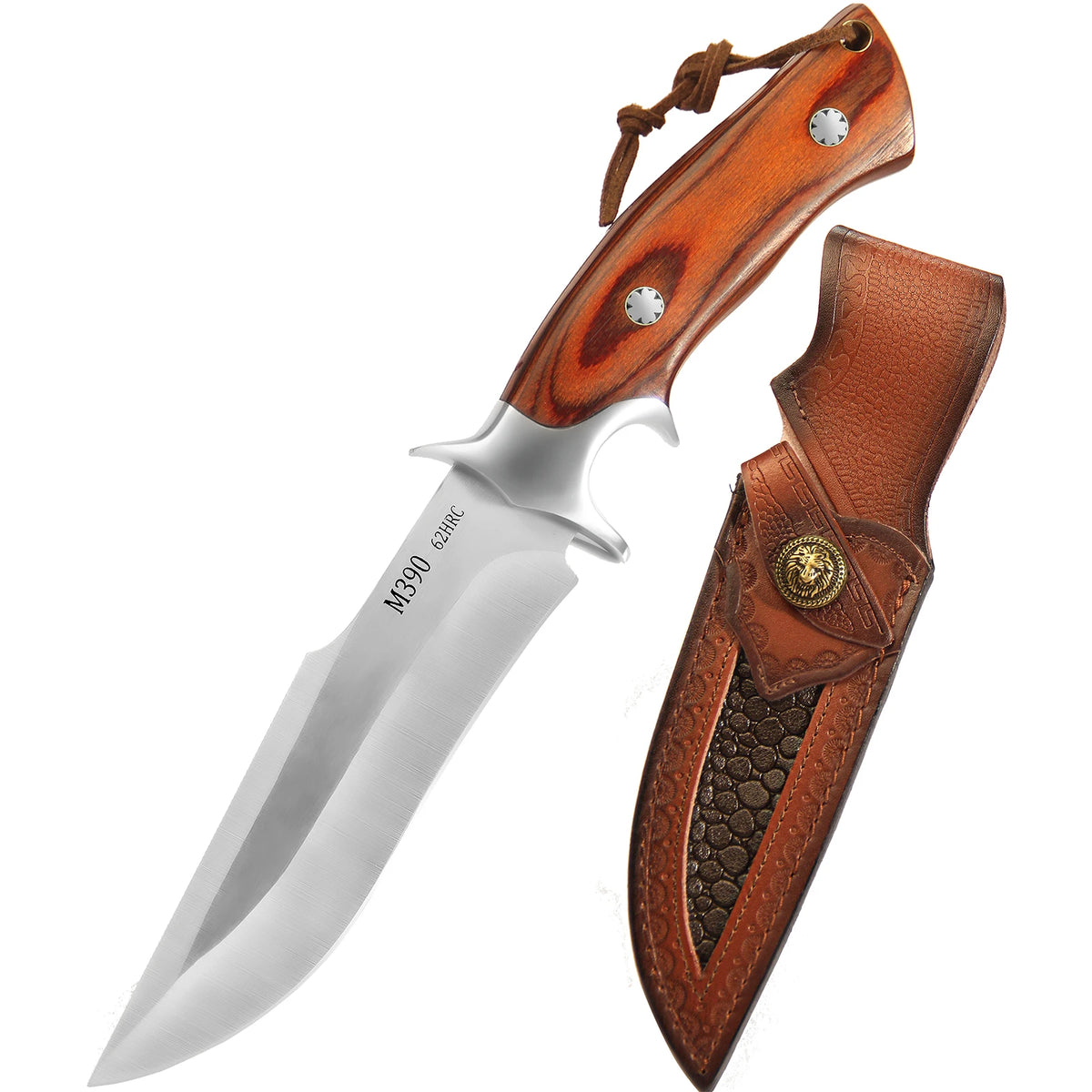 M390 Fixed Blade Hunting Knife with Wood Handle Leather Sheath Outdoor Camping Bowie Knife Gift for Men
