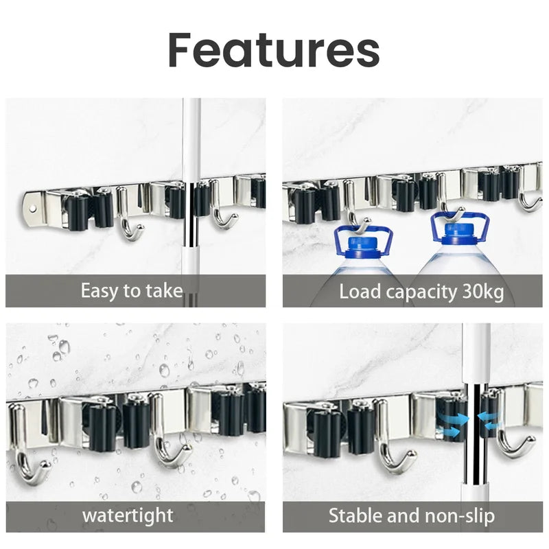 4-Hook Adhesive Broom Mop Organizer Stainless Steel Wall-Mounted Non-Slip Rack Storage Solution for Home Kitchen Garden Laundry