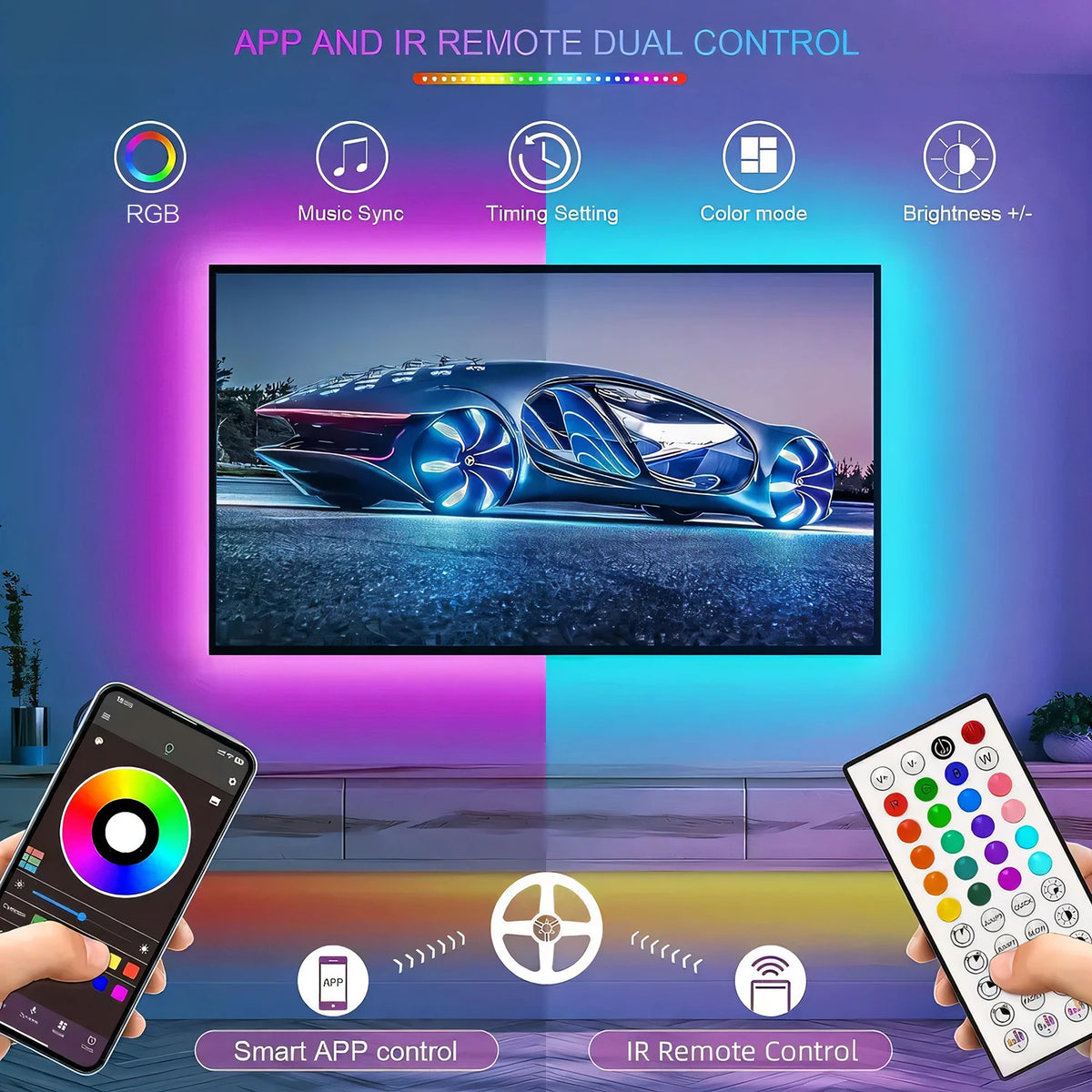 50/100/130/200FT RGB LED Smart Strip Light, App&44-Key Remote Control, Music Sync, Color Changing Led Lights for Bedroom, Home, Kitchen, Party, Room Decor