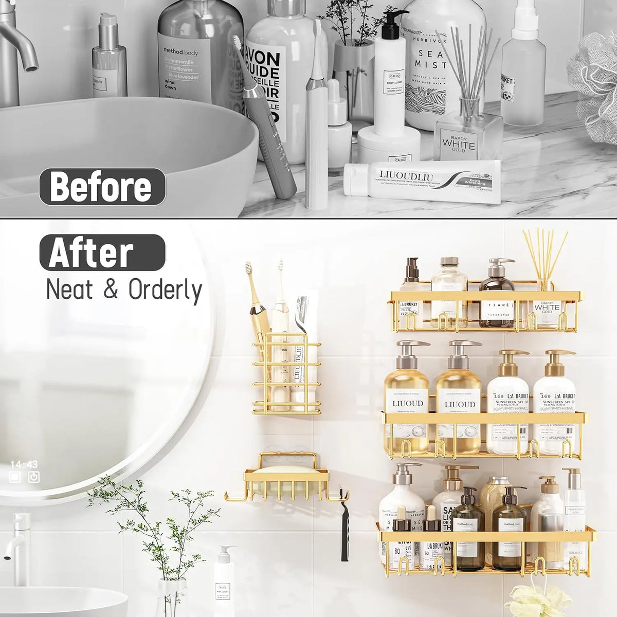 Shower Caddy Adhesive, 5 Pack Rustproof Stainless Steel Shower Shelves with Large Capacity, No Drilling Bathroom Organizers and Storage for Home Decor, Golden