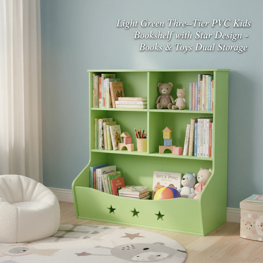 3-Layer Light Green PVC Board Kids Bookcase, Children's Open Shelf Storage for Bedroom Playroom, Star Pattern 3-Tier Book Display with Bottom Space, Anti-Tip Freestanding Book Shelf for Home Reading Corner, 79x36.5x82.5cm