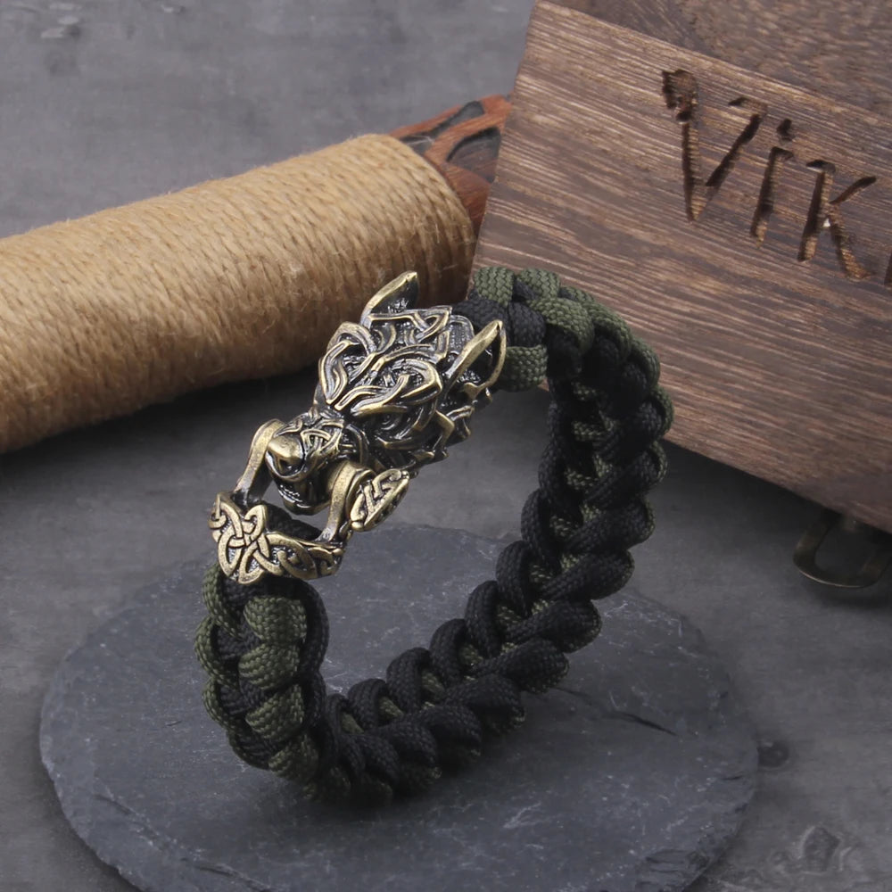 Never Fade Rock Viking Wolf Bracelet Men's handmade cord Wolf Bead Punk Bracelets Biker Jewelry