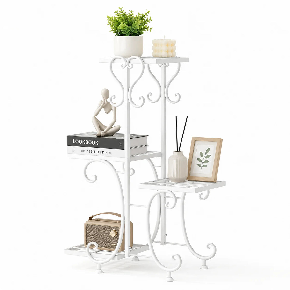 Decorative Metal Corner Display Shelf, 4-Tier Freestanding Accent Stand for Plants, Books, Candles, Storage Baskets & Home Decor