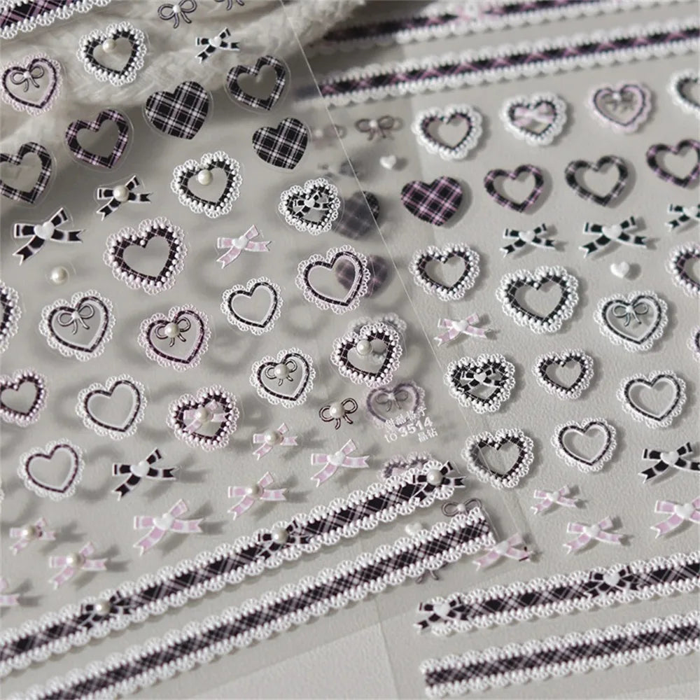 1pcs 5D Relief Kawaii Lace Nail Art Stickers Sweet Cool Japanese Lattice Nail Decoration Decals Self‑Adhesive Accessories DIY