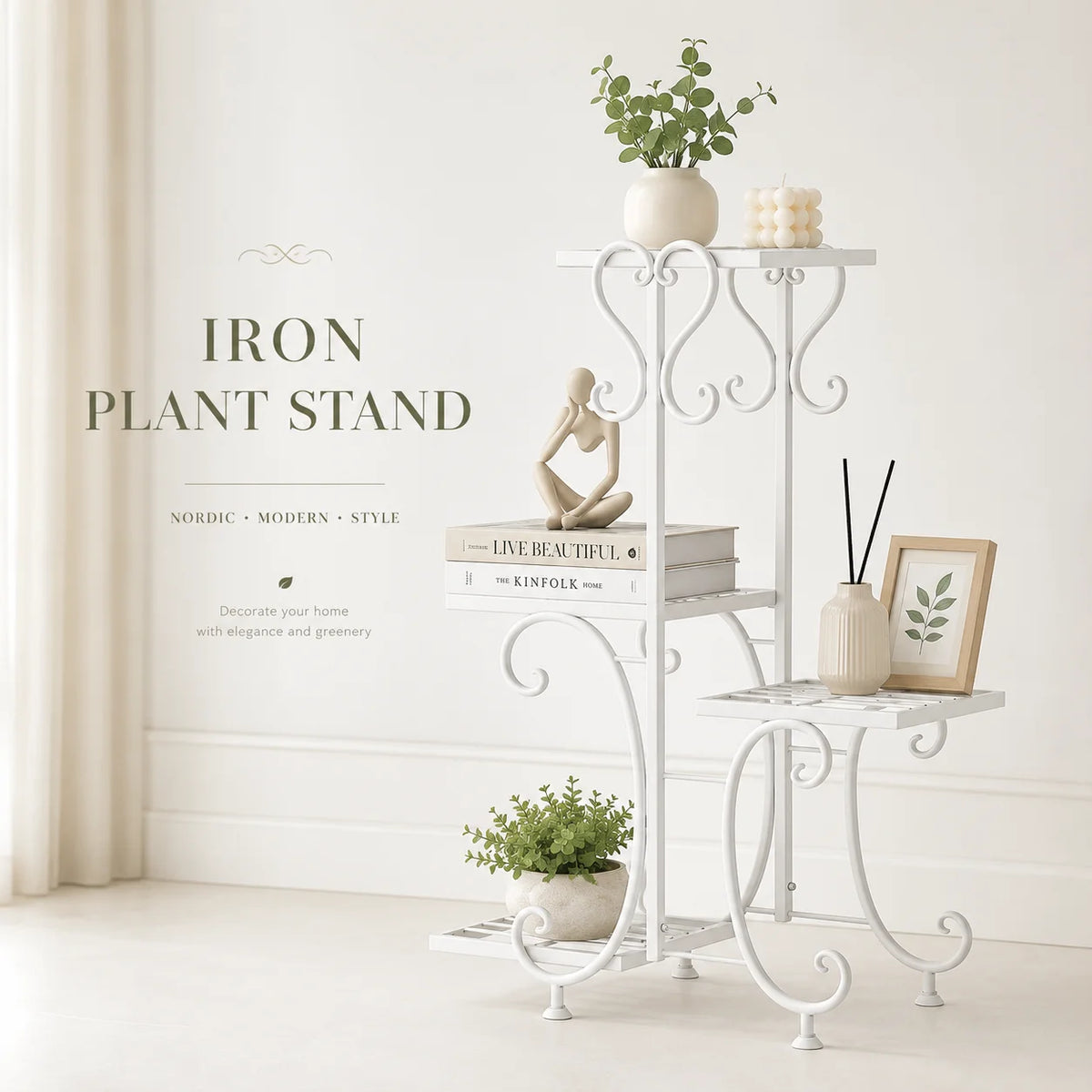 Decorative Metal Corner Display Shelf, 4-Tier Freestanding Accent Stand for Plants, Books, Candles, Storage Baskets & Home Decor