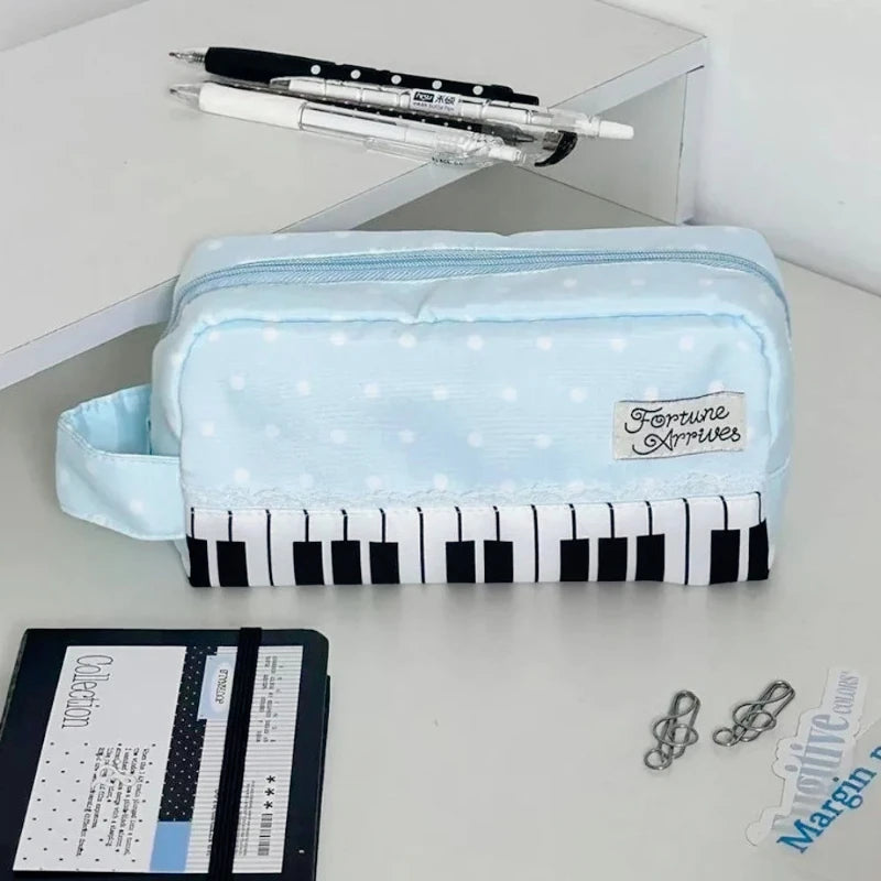 Kawaii Polka Dot Piano Key Print Pencil Case With Handle Large Capacity Pencil Pouch Stationery Pouch Gift School Supplies Girls