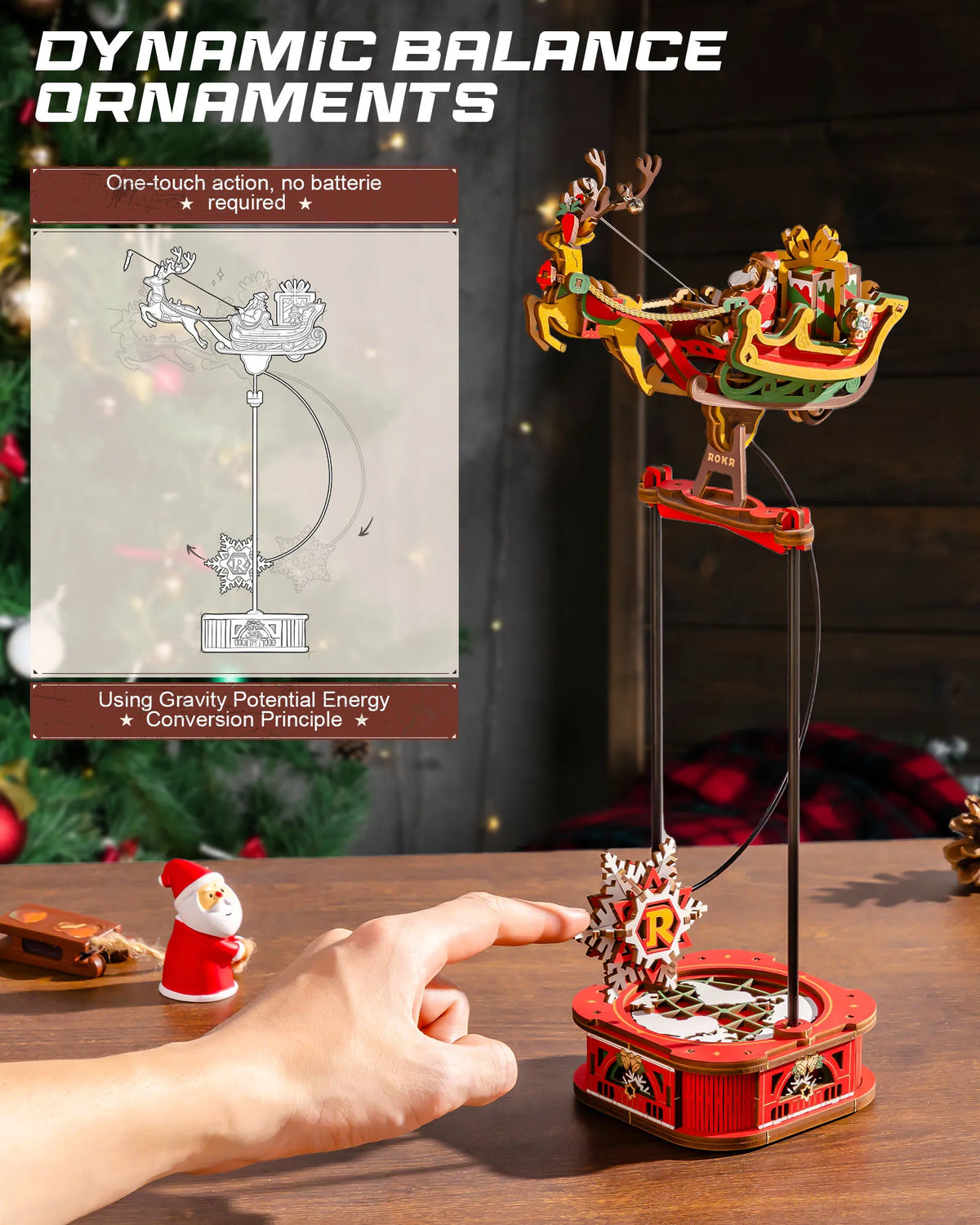 ROKR Wooden 3D Puzzle Santa on Sleigh Pendulum Dynamic Balance Toy 141-Piece DIY Model Building Kit for Desktop Decor Gift for Adults Kids