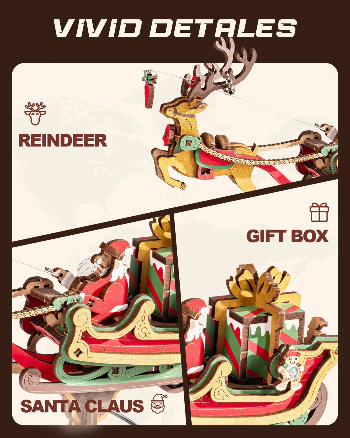 ROKR Wooden 3D Puzzle Santa on Sleigh Pendulum Dynamic Balance Toy 141-Piece DIY Model Building Kit for Desktop Decor Gift for Adults Kids