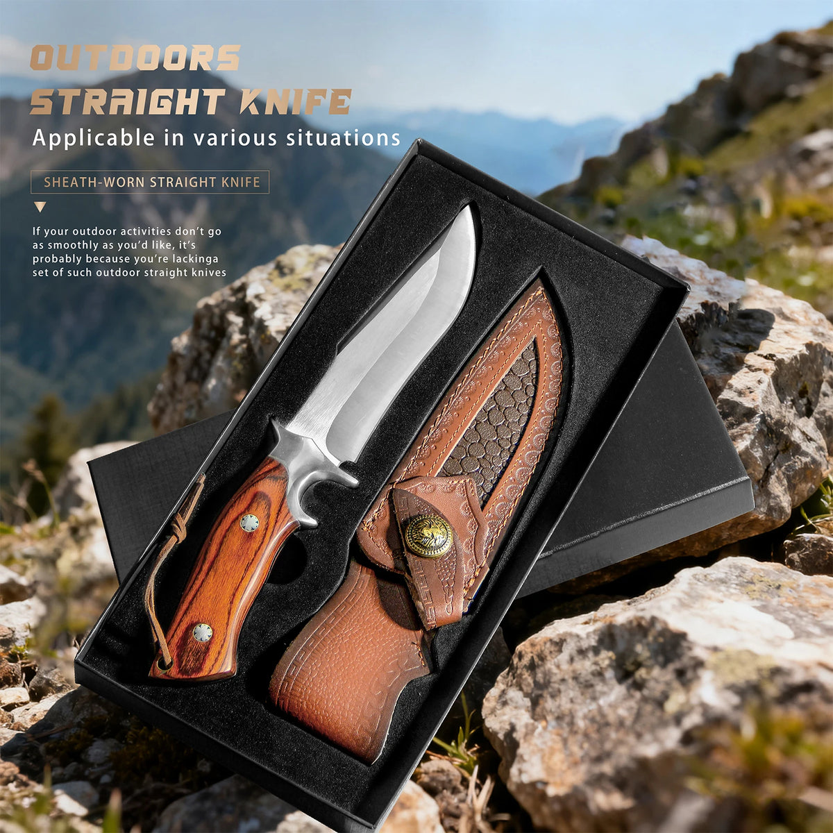 M390 Fixed Blade Hunting Knife with Wood Handle Leather Sheath Outdoor Camping Bowie Knife Gift for Men