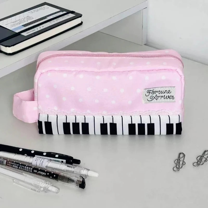 Kawaii Polka Dot Piano Key Print Pencil Case With Handle Large Capacity Pencil Pouch Stationery Pouch Gift School Supplies Girls